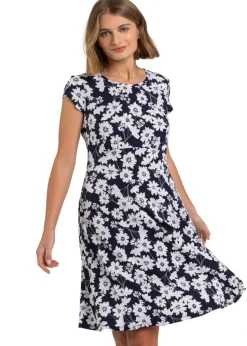 Roman Navy Floral Print Stretch Jersey Tea Dress