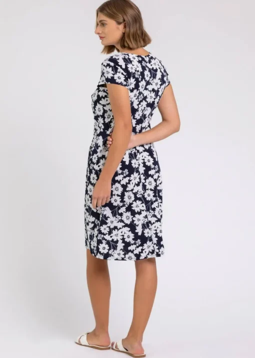 Roman Navy Floral Print Stretch Jersey Tea Dress