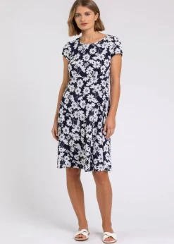 Roman Navy Floral Print Stretch Jersey Tea Dress