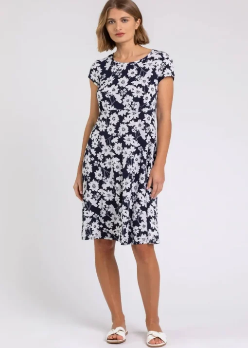 Roman Navy Floral Print Stretch Jersey Tea Dress