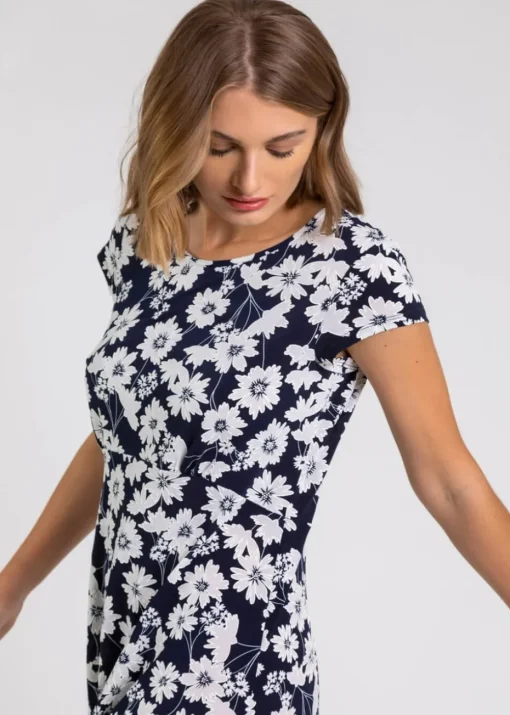 Roman Navy Floral Print Stretch Jersey Tea Dress