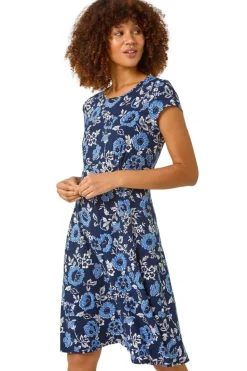 Roman Navy Floral Print Tea Dress