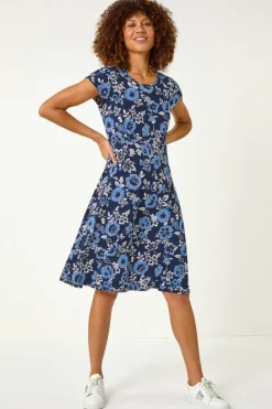 Roman Navy Floral Print Tea Dress