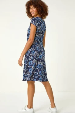 Roman Navy Floral Print Tea Dress