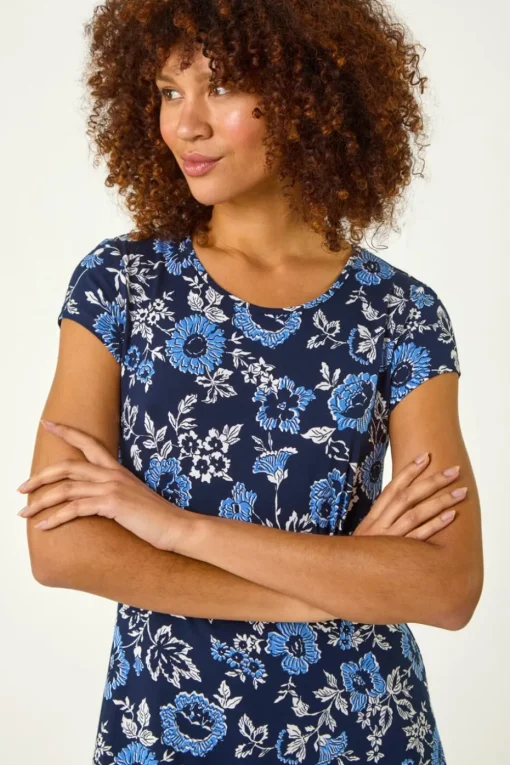 Roman Navy Floral Print Tea Dress