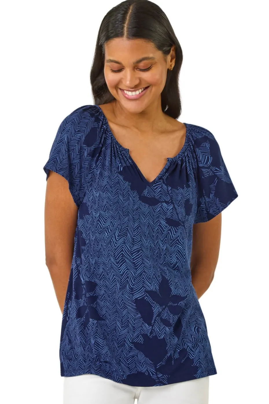 Roman Navy Floral Print V Neck Top