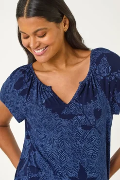 Roman Navy Floral Print V Neck Top