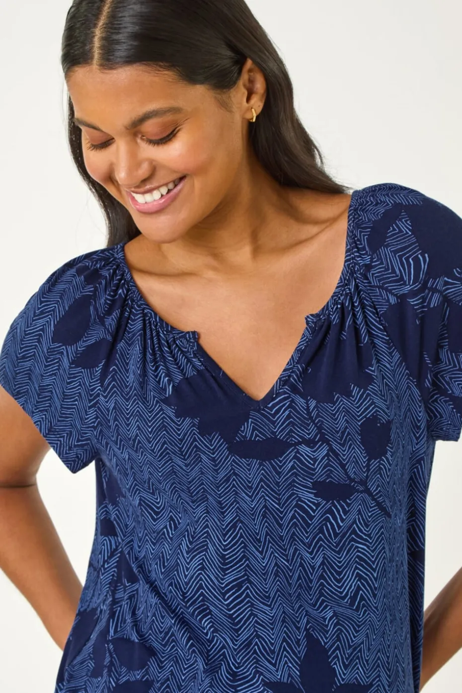 Roman Navy Floral Print V Neck Top