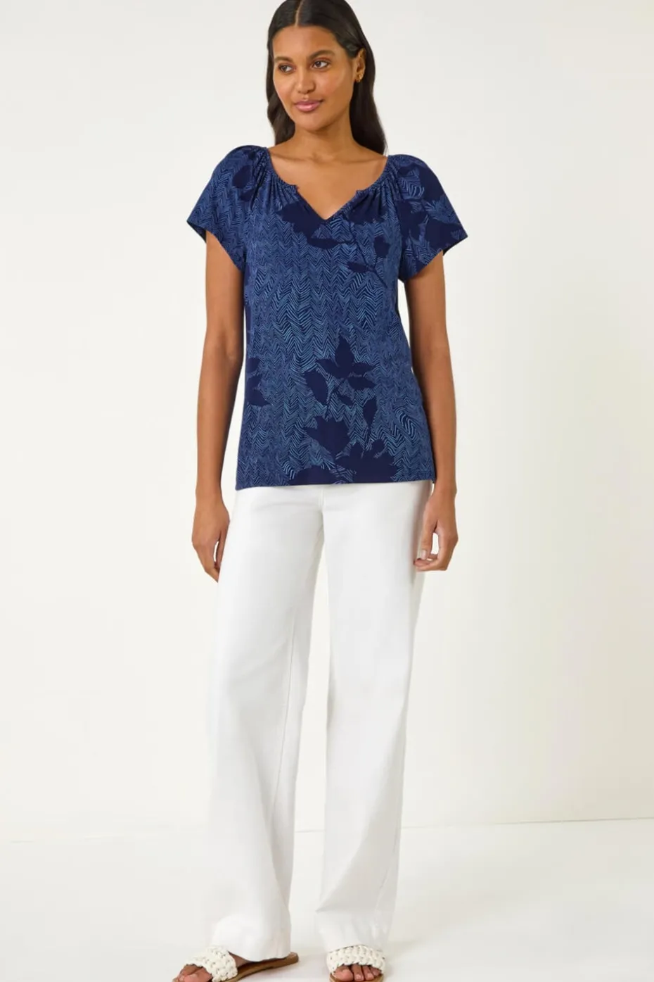 Roman Navy Floral Print V Neck Top