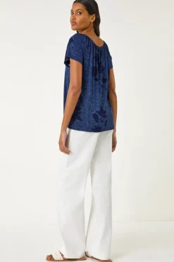 Roman Navy Floral Print V Neck Top