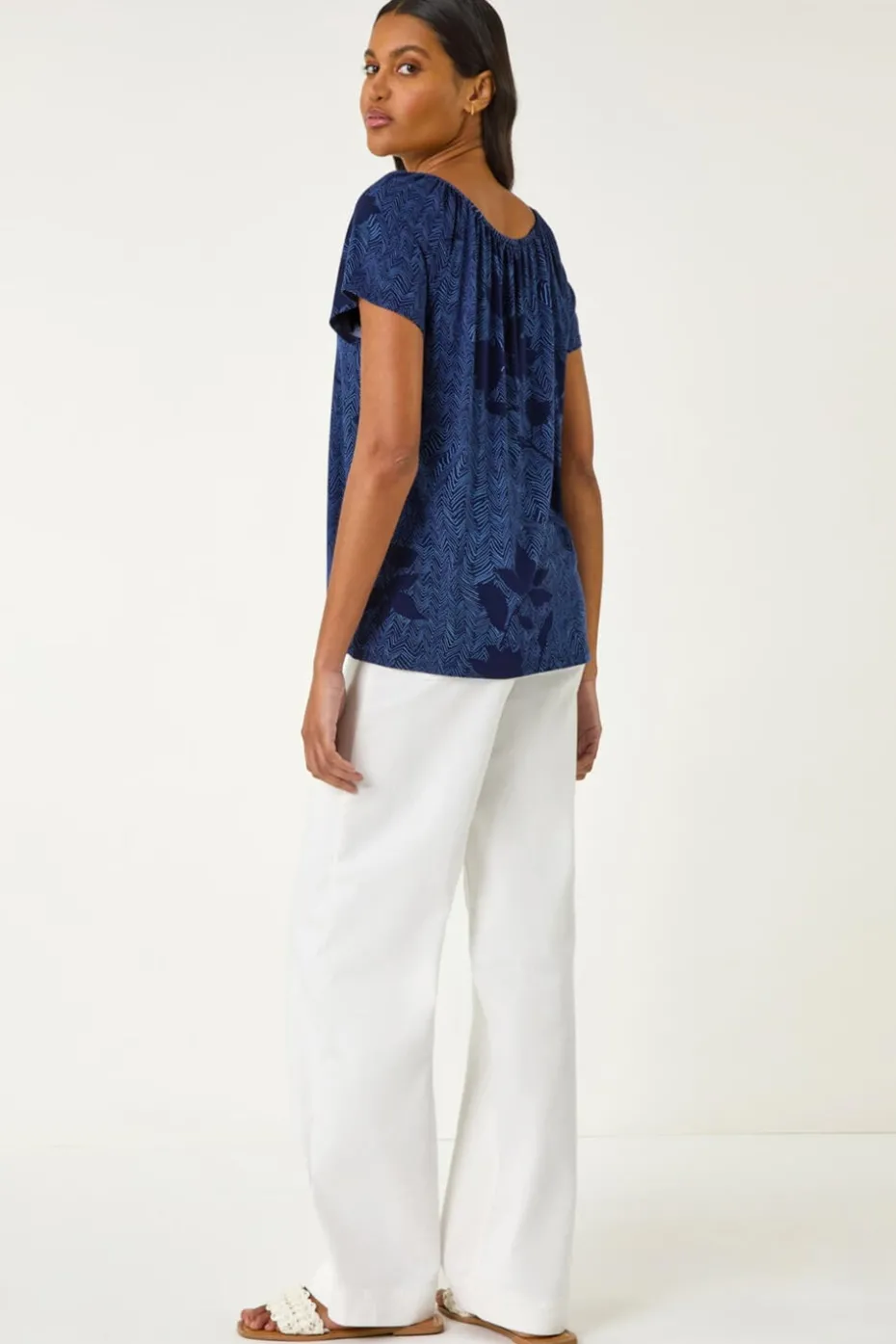 Roman Navy Floral Print V Neck Top