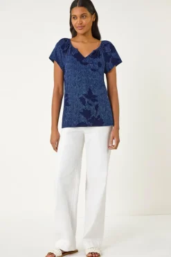 Roman Navy Floral Print V Neck Top