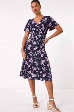 Roman Navy Floral Print Wrap Over Midi Dress