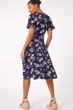 Roman Navy Floral Print Wrap Over Midi Dress