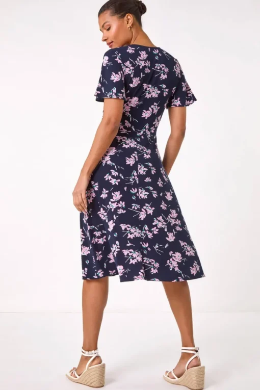 Roman Navy Floral Print Wrap Over Midi Dress