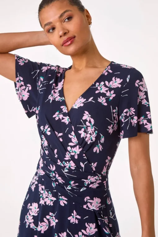 Roman Navy Floral Print Wrap Over Midi Dress