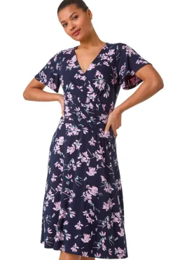Roman Navy Floral Print Wrap Over Midi Dress
