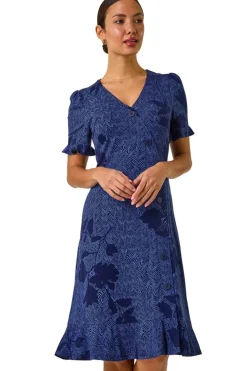 Roman Navy Floral Side Button Dress