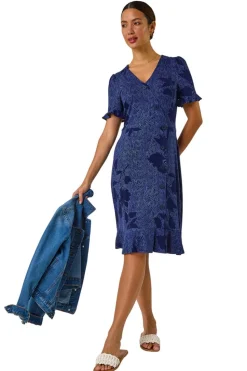 Roman Navy Floral Side Button Dress
