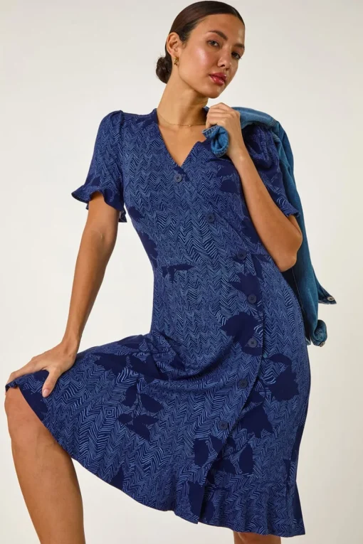 Roman Navy Floral Side Button Dress