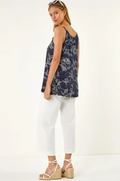 Roman Navy Geometric Lace Trim Cami Top