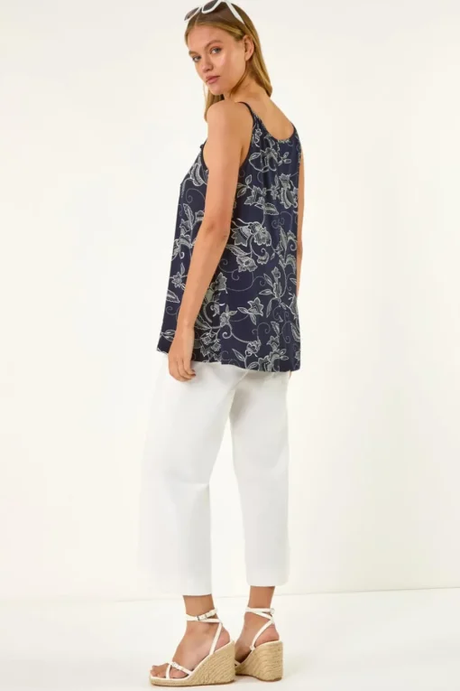 Roman Navy Geometric Lace Trim Cami Top