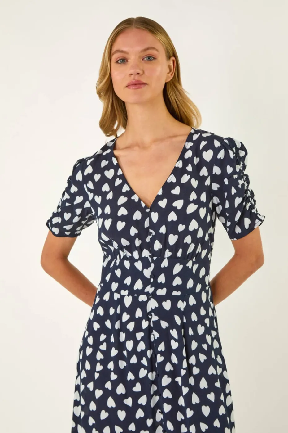 Roman Navy Heart Print Ruched Midi Dress