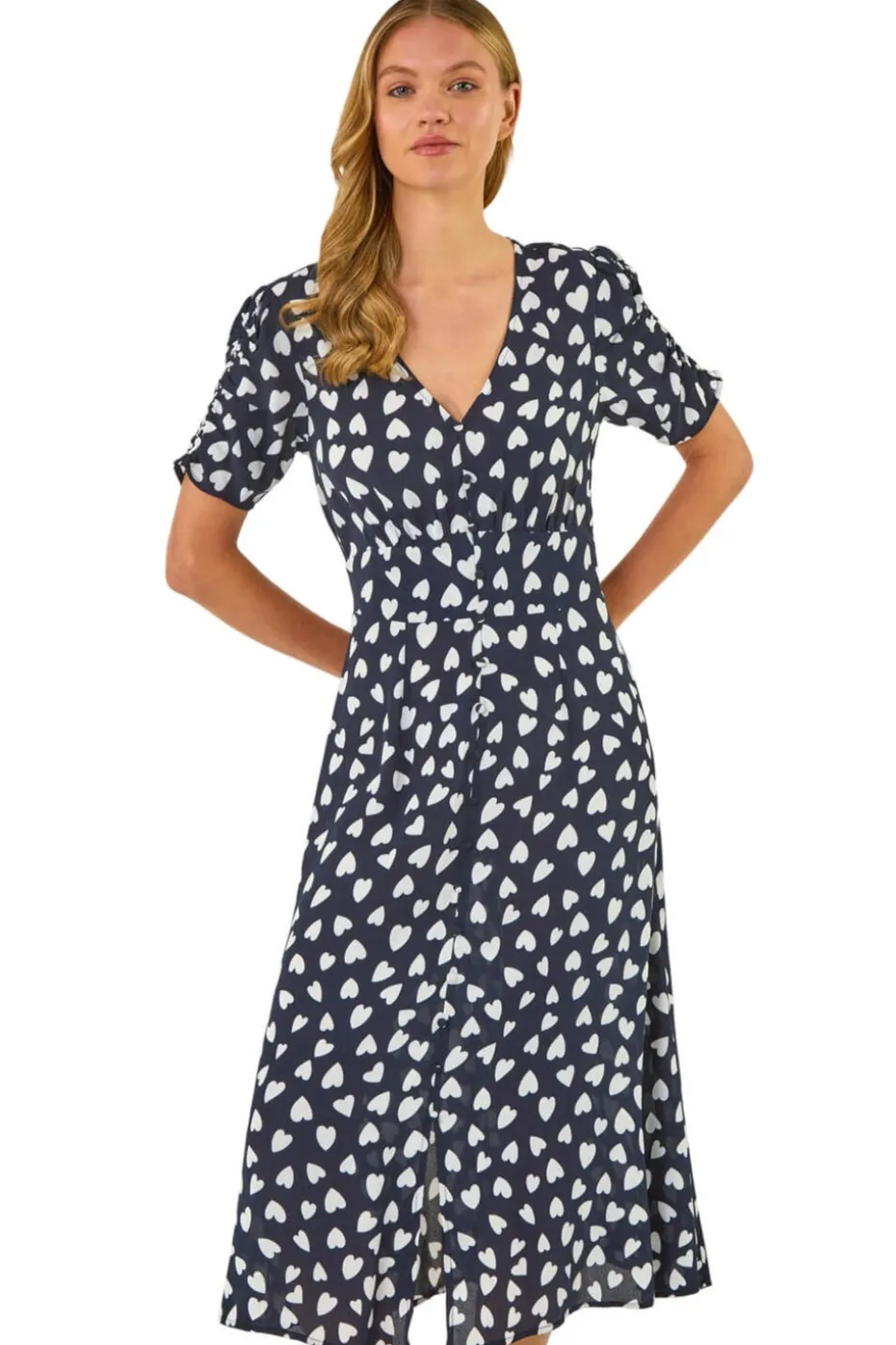 Roman Navy Heart Print Ruched Midi Dress