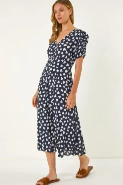 Roman Navy Heart Print Ruched Midi Dress