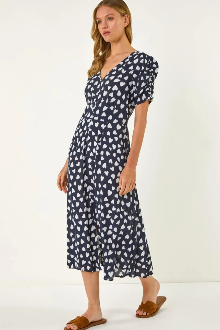 Roman Navy Heart Print Ruched Midi Dress