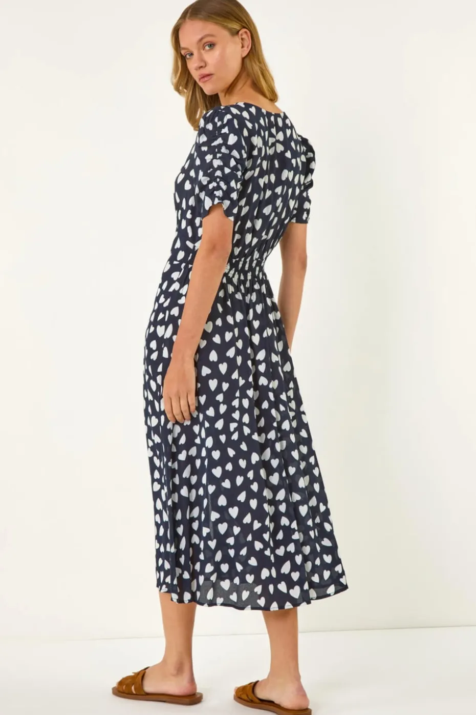 Roman Navy Heart Print Ruched Midi Dress