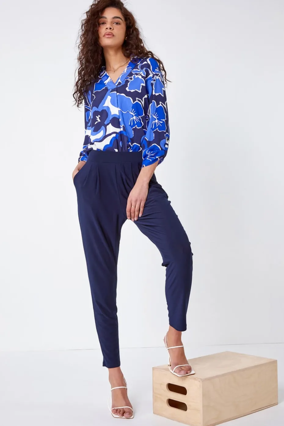 Roman Navy Jersey Stretch Elastic Waist Harem Trousers