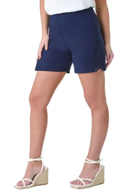 Roman Navy Lace Trim Stretch Elastic Waist Shorts
