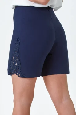 Roman Navy Lace Trim Stretch Elastic Waist Shorts