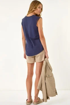 Roman Navy Lace Trim Tie V Neck Top