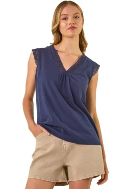 Roman Navy Lace Trim Tie V Neck Top