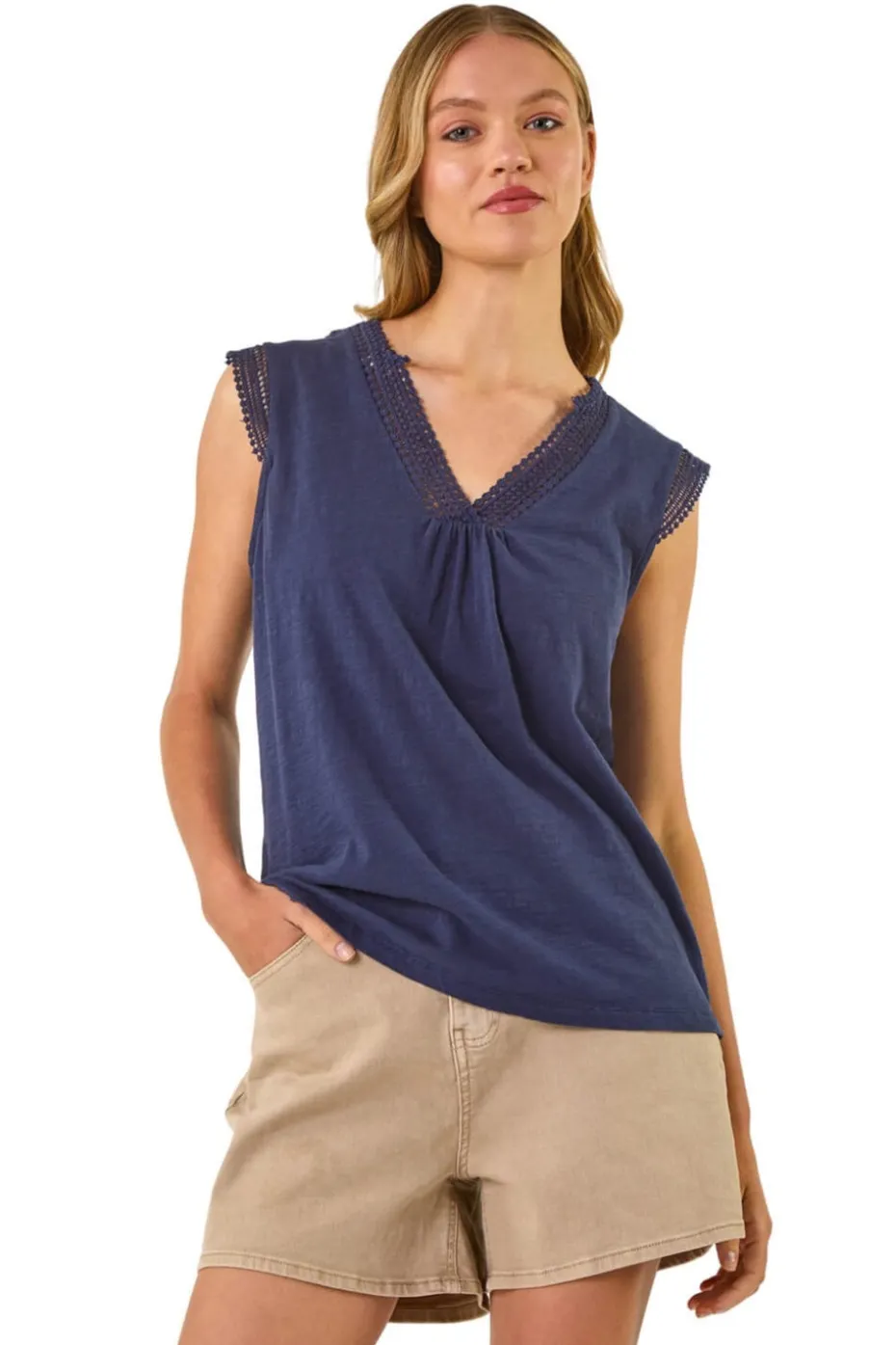 Roman Navy Lace Trim Tie V Neck Top