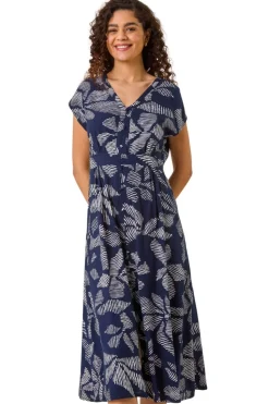 Roman Navy Leaf Print Buttoned Midi Dress