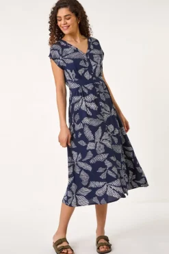 Roman Navy Leaf Print Buttoned Midi Dress