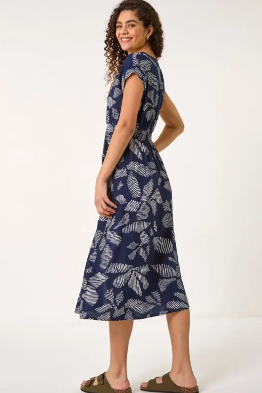 Roman Navy Leaf Print Buttoned Midi Dress