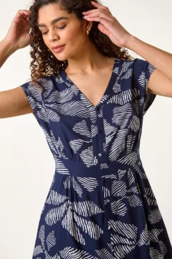 Roman Navy Leaf Print Buttoned Midi Dress