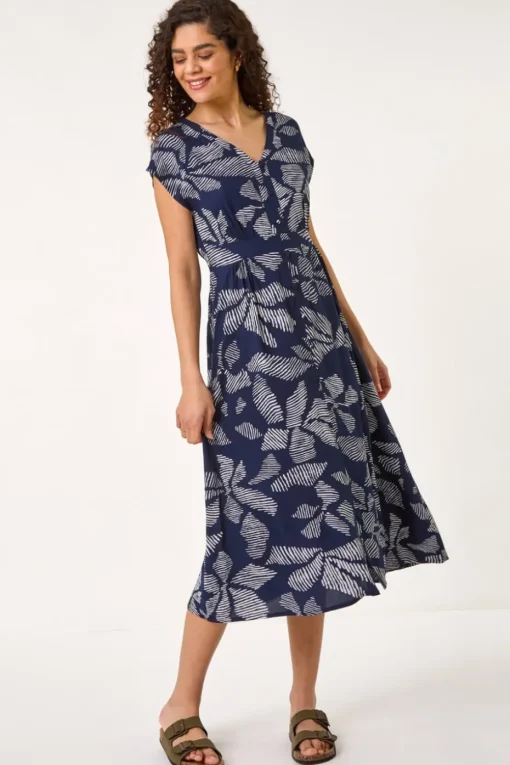 Roman Navy Leaf Print Buttoned Midi Dress