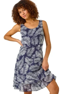 Roman Navy Leaf Print Double Layered Dress