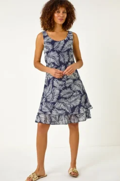 Roman Navy Leaf Print Double Layered Dress