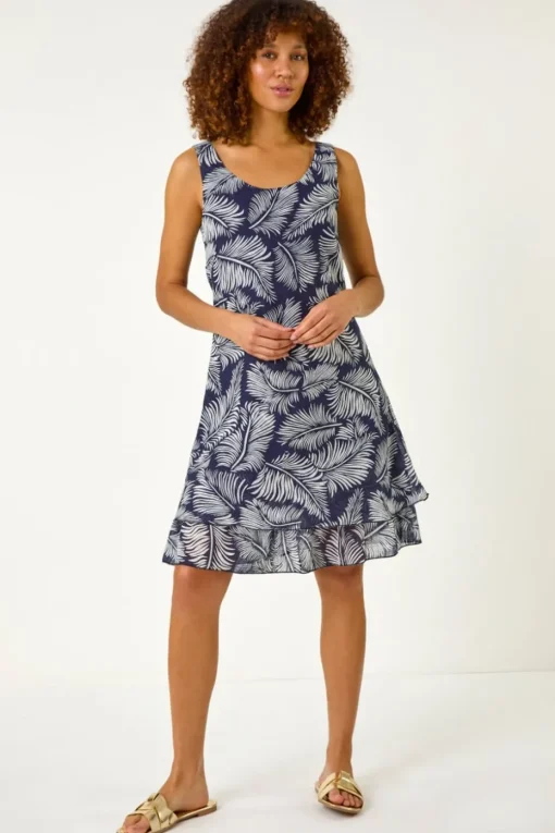 Roman Navy Leaf Print Double Layered Dress