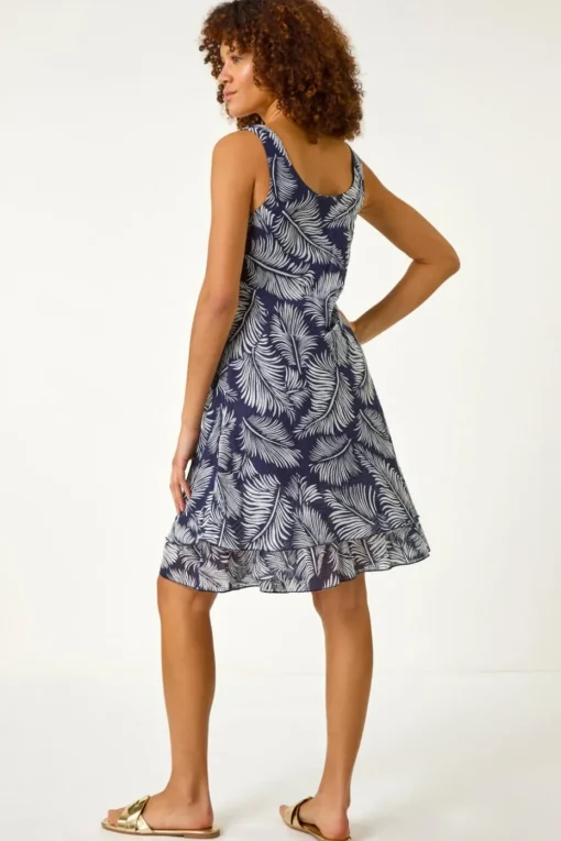 Roman Navy Leaf Print Double Layered Dress