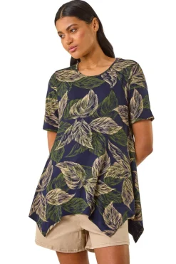 Roman Navy Leaf Print Hanky Hem Tunic Top