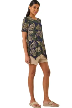Roman Navy Leaf Print Hanky Hem Tunic Top