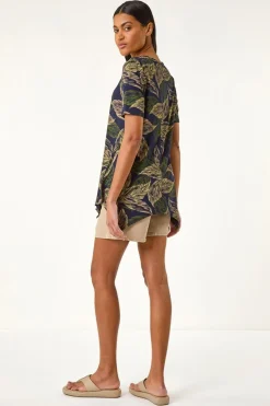 Roman Navy Leaf Print Hanky Hem Tunic Top