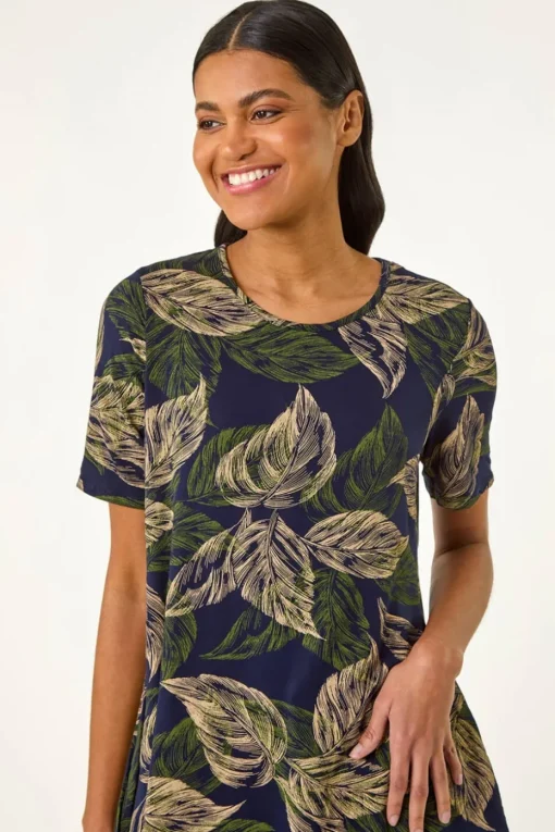 Roman Navy Leaf Print Hanky Hem Tunic Top